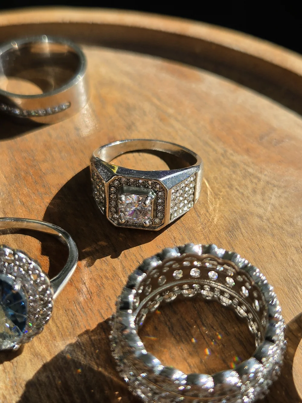 Silver Tone Multi-Stone  Ring - Sparkling Clear and Blue Accents